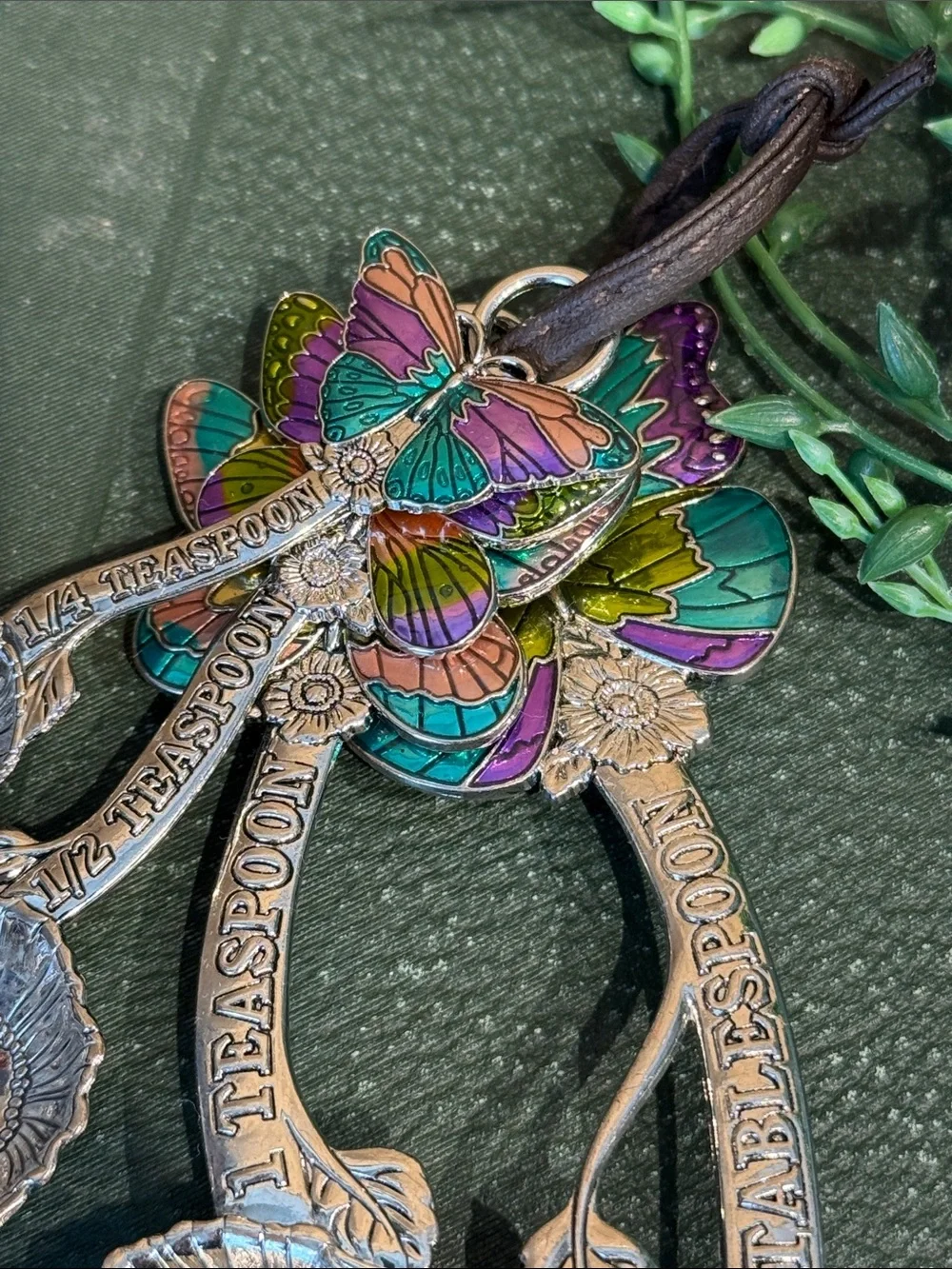 Silver Floral Measuring Spoon Set with Colorful Butterfly Handles